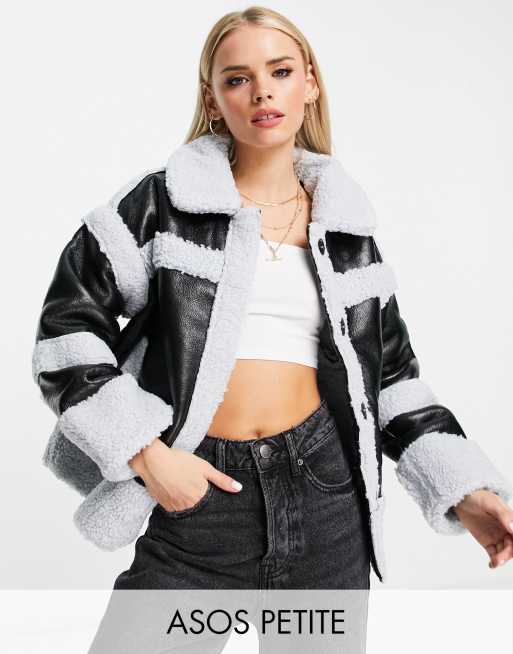 ASOS DESIGN Petite - Giacca nera e blu con pannelli in pile borg