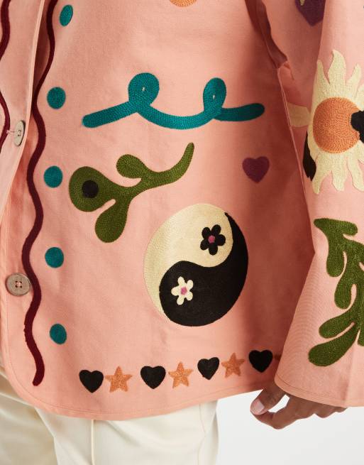 ASOS DESIGN Petite - Giacca senza colletto color pesca ricamata, 3 di 4