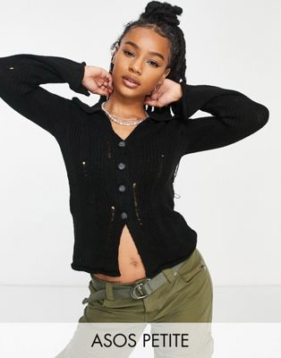 ASOS DESIGN Petite cardigan with collar and distressed ladder stitch in black - ASOS Price Checker