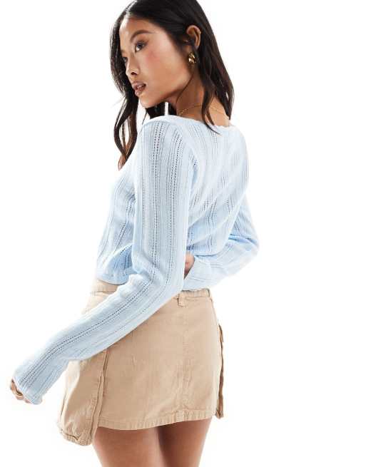 ASOS DESIGN Petite - Gilet court noué sur le devant en maille pointelle - Bleu pastel, 3 de 4