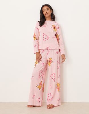 Asos Petite Asos Design Petite Gingerbread & Candy Cane Long Sleeve Top & Pants Pajama Set In Pink