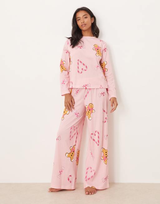 ASOS DESIGN Petite gingerbread & candy cane long sleeve top & pants pajama set in pink heather