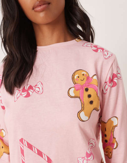 ASOS DESIGN Petite gingerbread & candy cane long sleeve top & pants pajama set in pink heather
