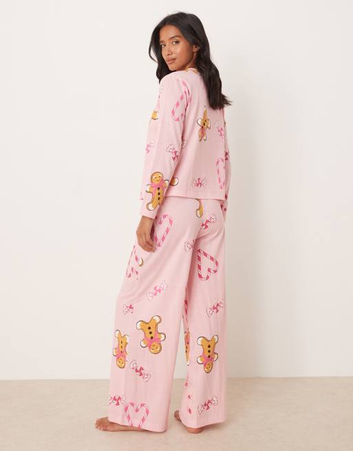 ASOS DESIGN Petite gingerbread & candy cane long sleeve top & pants pyjama set in pink marl, 3 of 4