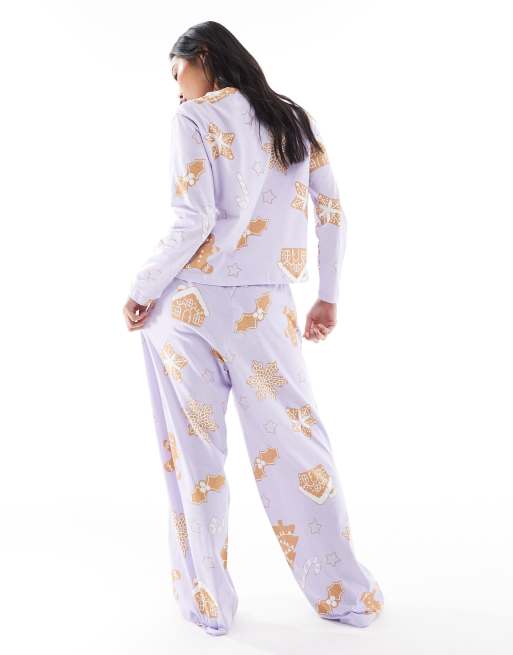 ASOS DESIGN Petite gingerbread house long sleeve top & pants pyjama set in purple, 4 of 4