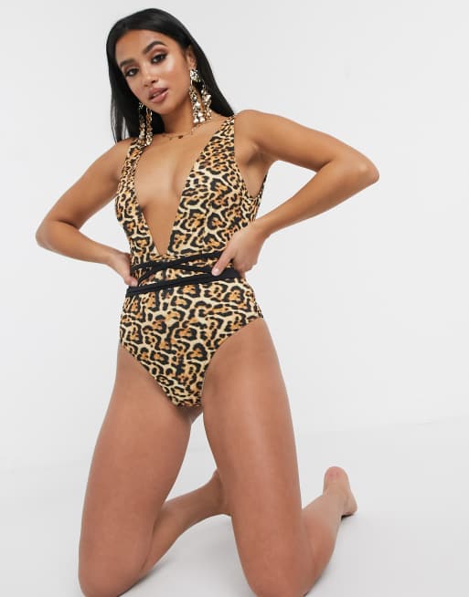 ASOS DESIGN plunge side bodysuit in brown