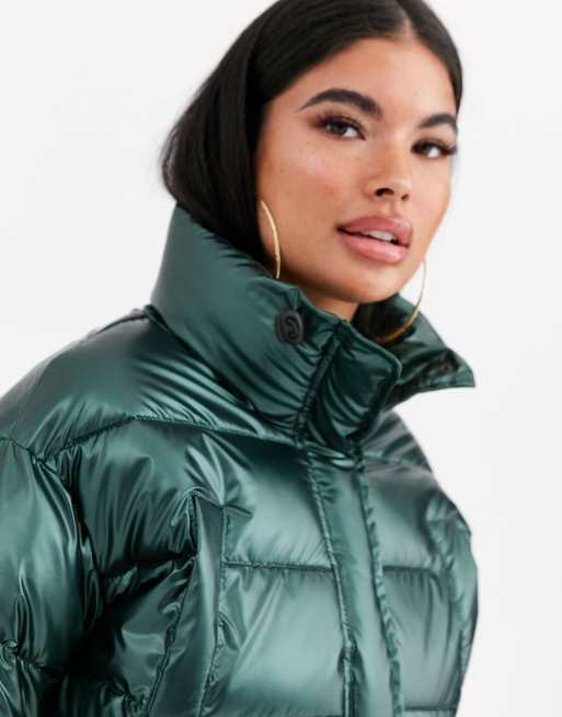 ASOS DESIGN Petite glam metallic crop puffer jacket in green