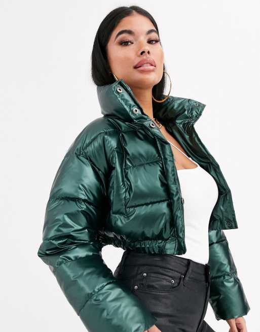 ASOS DESIGN Petite glam metallic crop puffer jacket in green