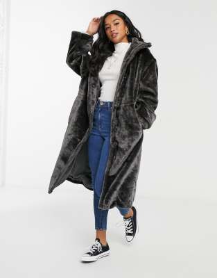 ASOS DESIGN Petite glam plush maxi coat with seam detailing in charcoal