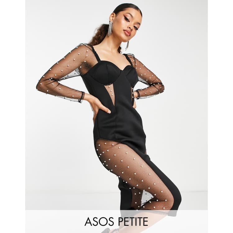 ASOS DESIGN Petite glitter insert pearl mesh midi pencil dress in black