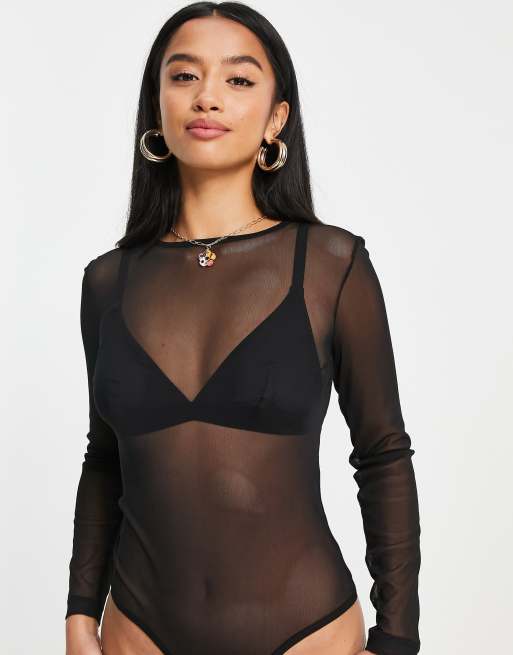 Long Sleeve Sheer Black Bodysuits