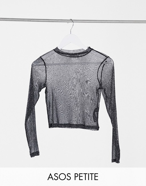 ASOS DESIGN Petite glitter mesh long sleeve t-shirt in black