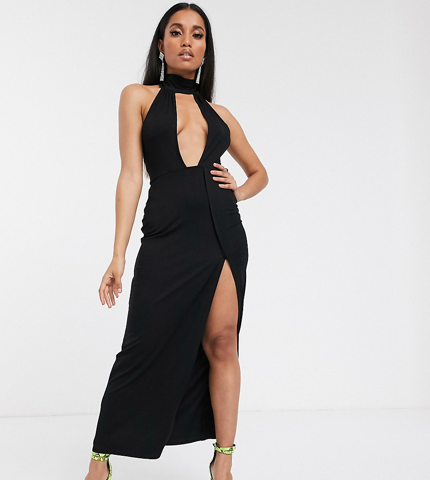 ASOS DESIGN Petite going out deep plunge maxi dress in black