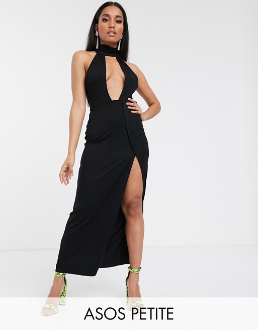 ASOS DESIGN Petite going out deep plunge maxi dress in black