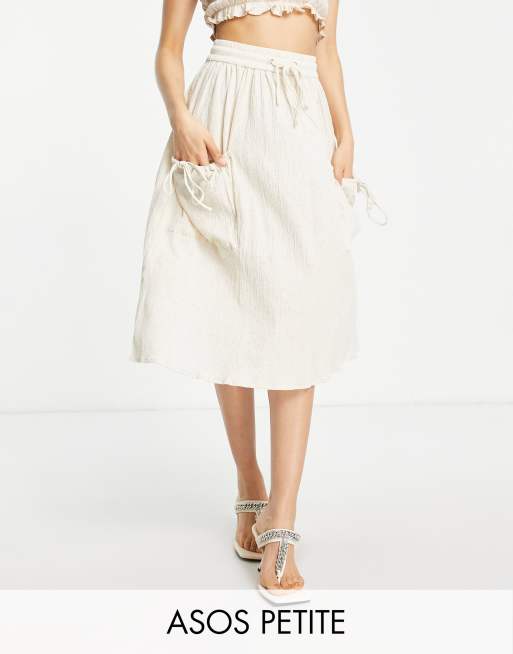 ASOS DESIGN Petite - Gonna midi color pietra naturalmente stropicciata con coulisse in vita