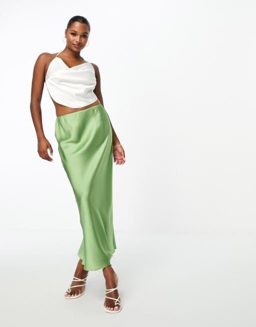 ASOS DESIGN Petite - Gonna midi taglio sbieco in raso verde kaki , 4 di 4