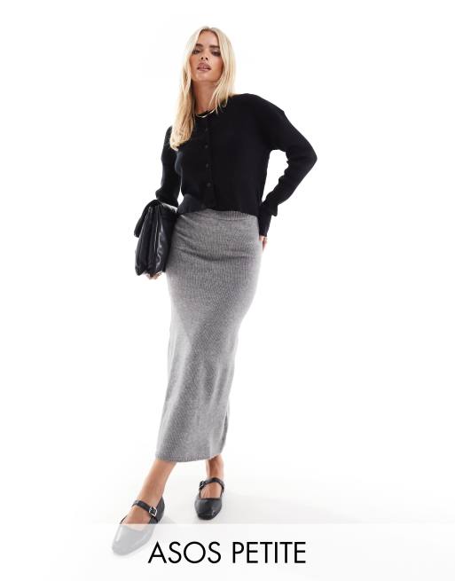 ASOS DESIGN Petite - Grå, stickad midikjol