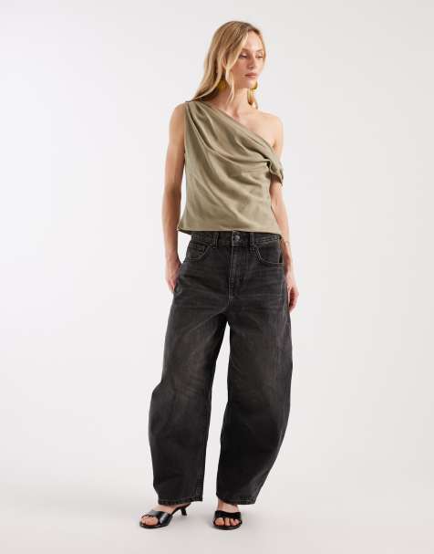 ASOS DESIGN Petite high waisted barrel leg jeans in washed charcoal