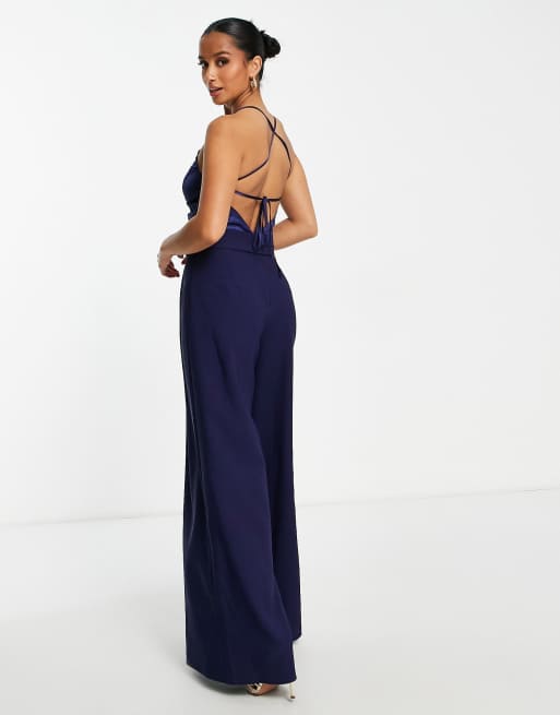 ASOS DESIGN Petite – Granatowy satynowy kombinezon na ramiączkach 2w1 z szerokimi nogawkami, 2 z 4