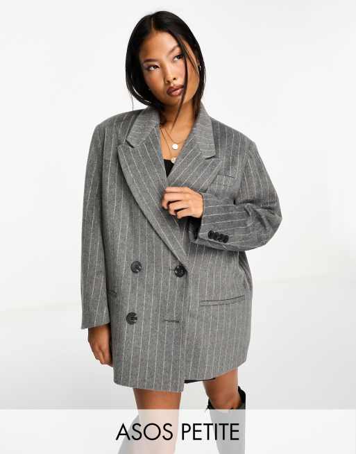 ASOS DESIGN Petite – Grandad-Jacke in Grau mit verstärkter Schulterpartie und Nadelstreifen