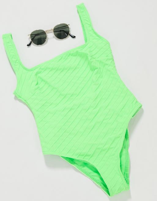 ASOS DESIGN Petite – Grön ribbad baddräkt med fyrkantig halsringning, 4 av 4