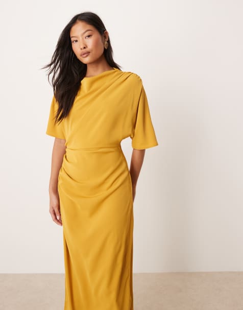 ASOS DESIGN Petite – Guldfärgad, åtsmitande midiklänning med sänkt axelsöm och drapering - view 1