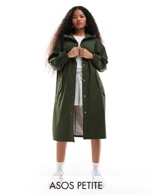 ASOS DESIGN Petite - Gummierter, langer Regen-Parka in Khaki-Grün