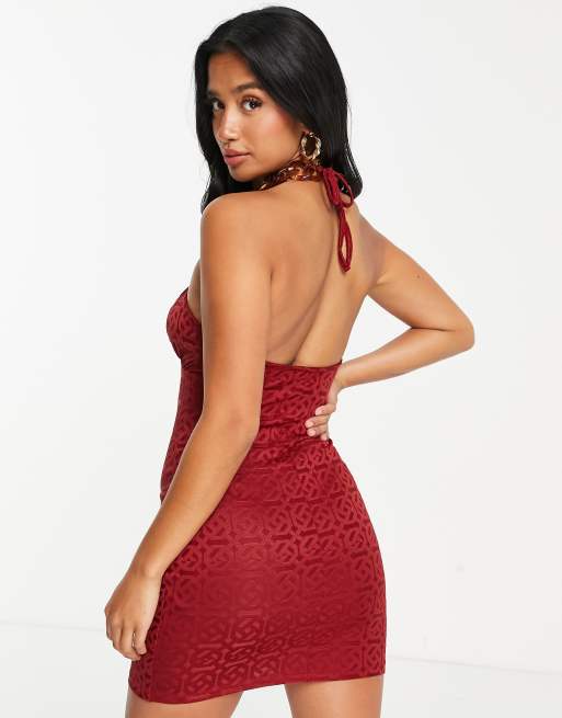 ASOS DESIGN Petite halter chain mini dress in red jacquard