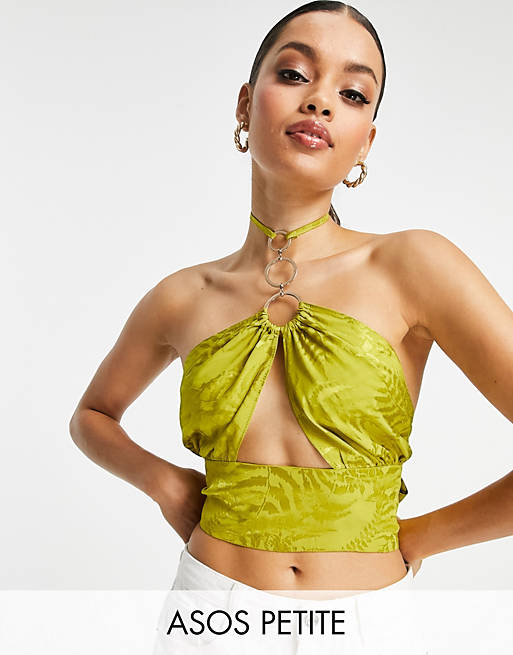  Petite halter front scarf top with ring trim detail and split front in green 