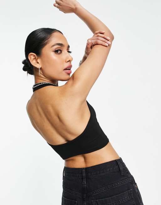 ASOS DESIGN crop top with halter neck in black