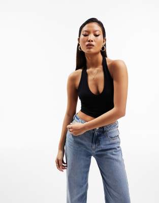 ASOS DESIGN Petite halter neck crop top in black