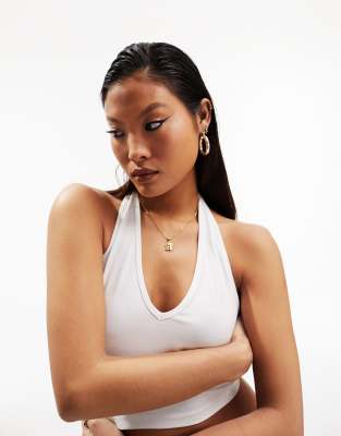 ASOS DESIGN Petite halter neck crop top in white