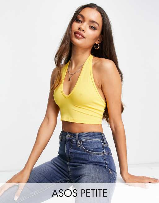 ASOS DESIGN halter cross neck crop top with button detail in light gold