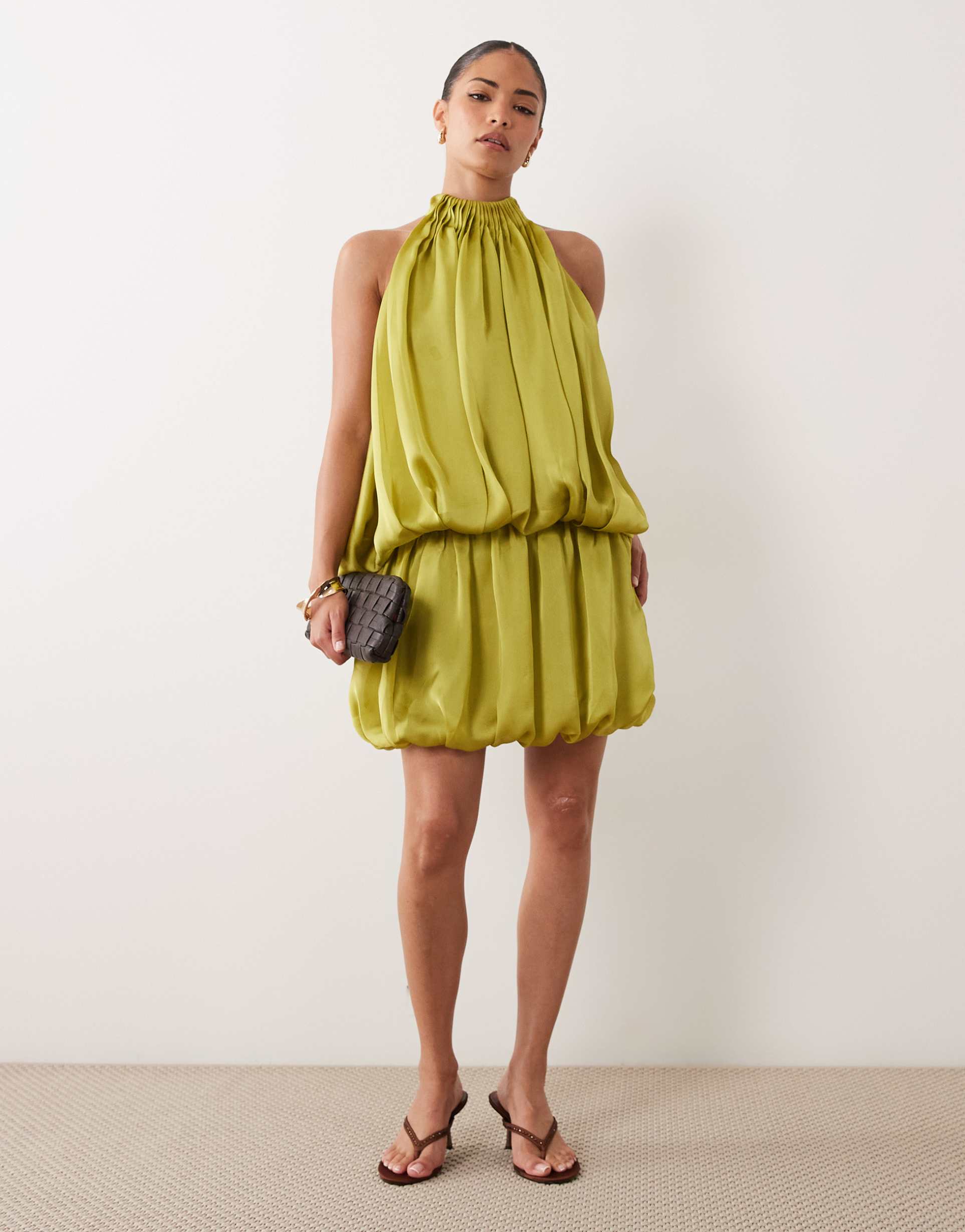 asos design petite halter neck layered bubble satin mini dress in olive green