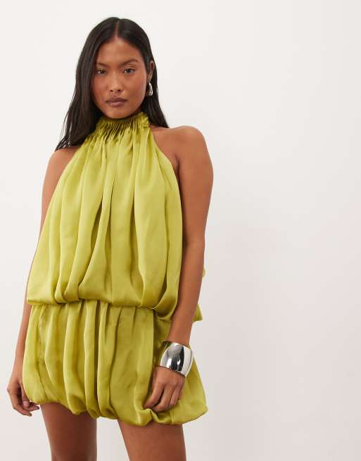 ASOS DESIGN Petite halter neck layered bubble satin mini dress in olive green, 4 of 4