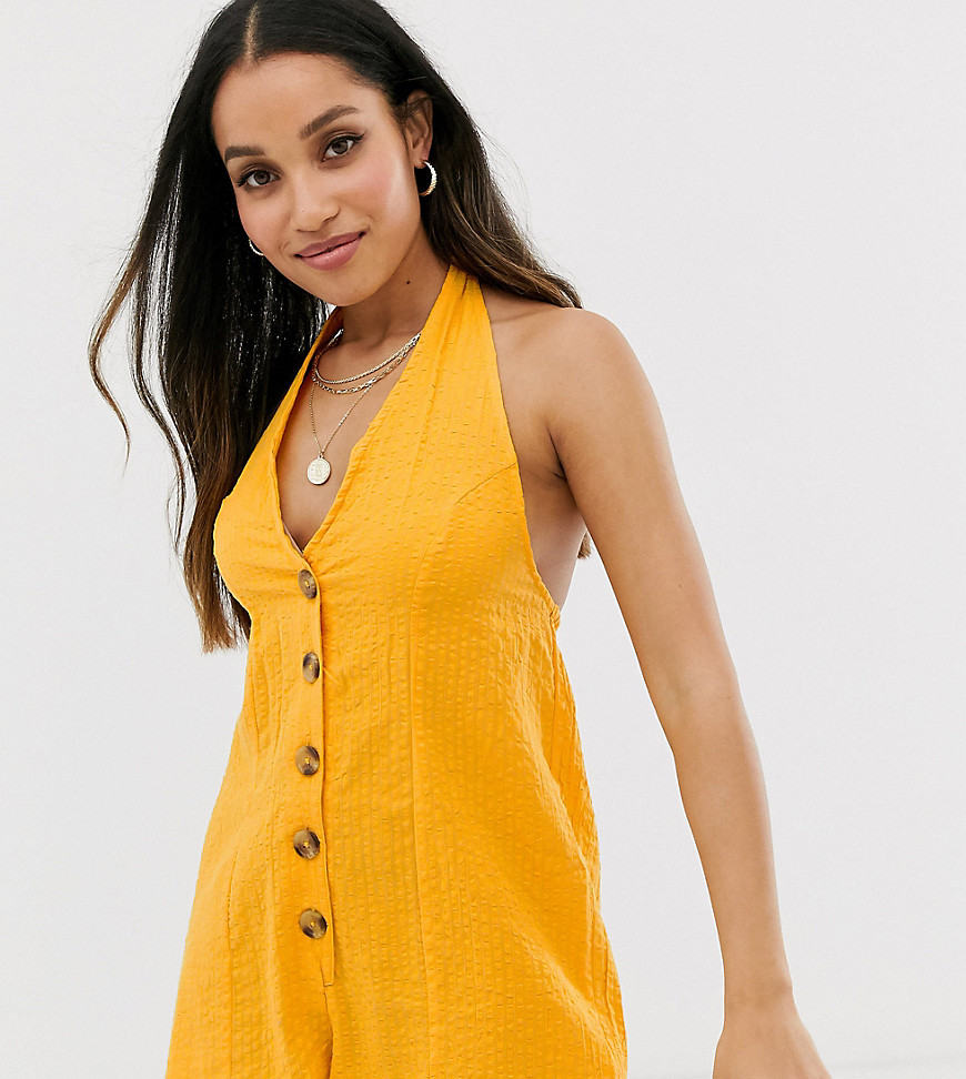 ASOS DESIGN Petite halter playsuit with button detail in self stripe-Yellow