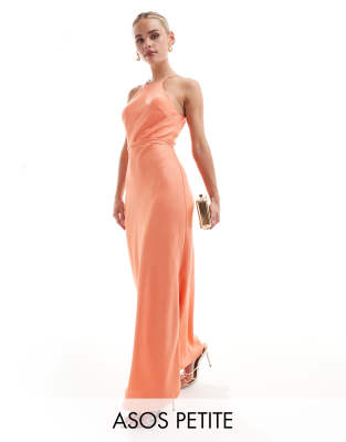 ASOS DESIGN Petite halter racer maxi dress with tie waist and cut out sides in coral-Orange