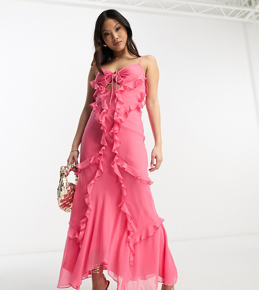 ASOS Petite ASOS DESIGN Petite halter ruffle maxi dress with cut out detail in pink
