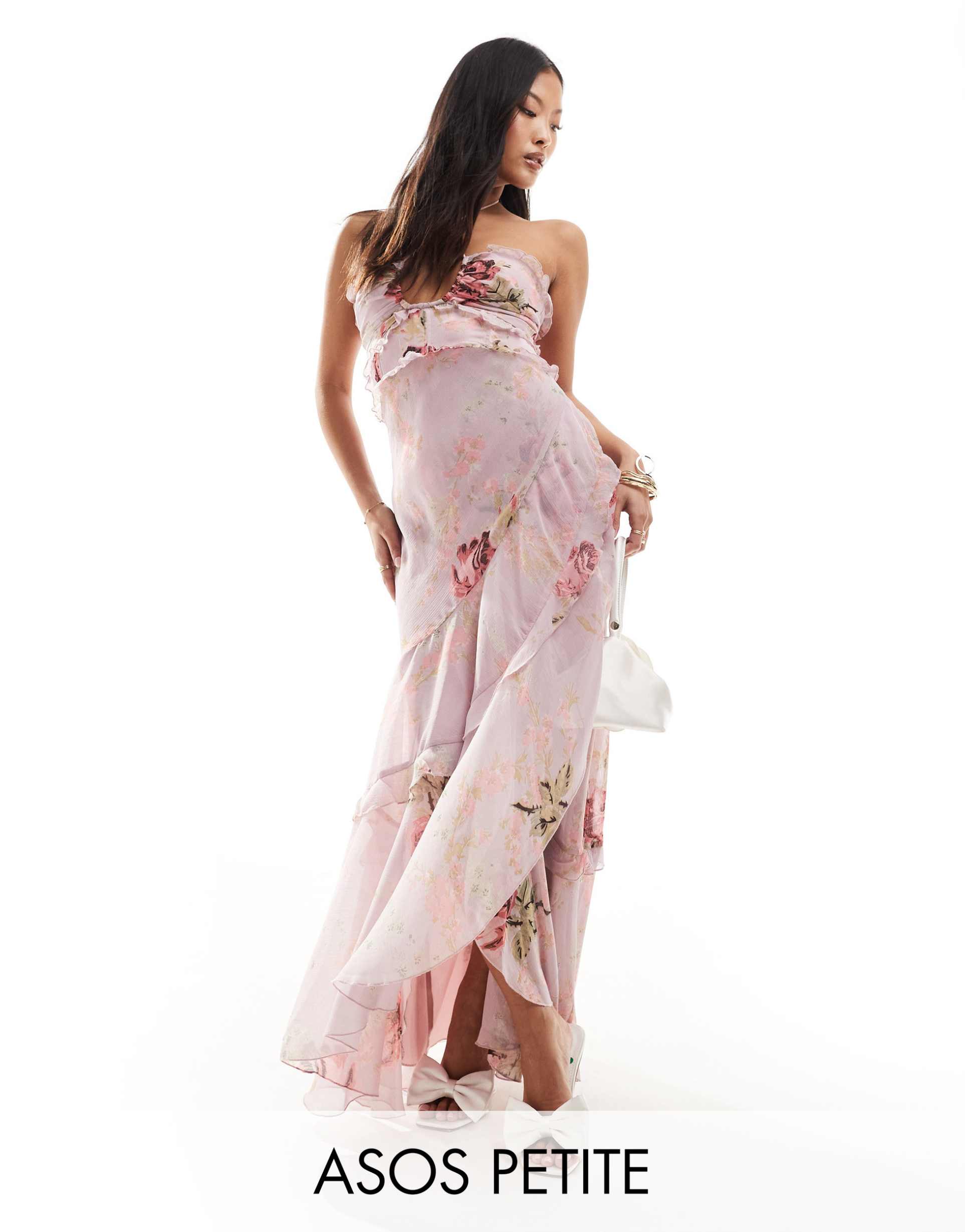 asos design petite halter ruffle maxi dress with high low hem in lilac rose floral