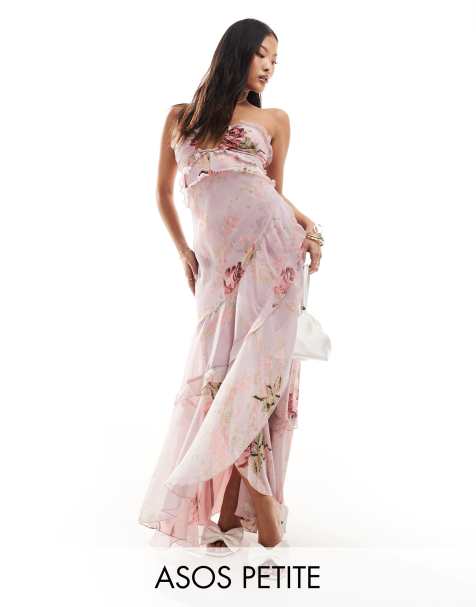 ASOS DESIGN Petite halter ruffle maxi dress with high low hem in lilac rose floral 