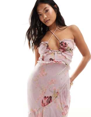 ASOS DESIGN Petite halter ruffle maxi dress with high low hem in lilac rose  floral | ASOS