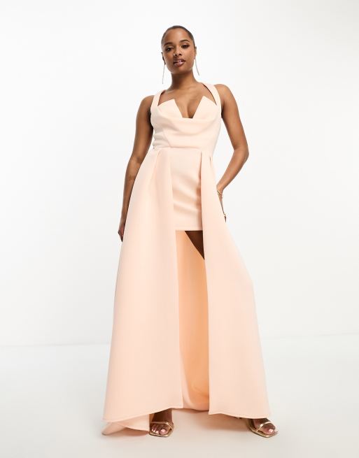 ASOS DESIGN Petite halter v neck premium maxi dress with exaggerated outer skirt in peach pink