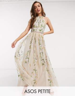 ASOS DESIGN Petite halterneck pretty embroidered floral and sequin mesh maxi  dress in soft beige