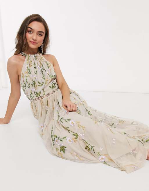 ASOS EDITION mesh halter sleeveless maxi dress with floral