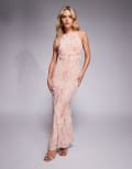 [ASOS Petite] ASOS DESIGN Petite halterneck strap back maxi dress with trim mesh in blush floral print-Multi 4 Print