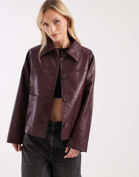 ASOS DESIGN Petite – Harrington-Jacke aus Kunstleder in Burgunderrot - view 1