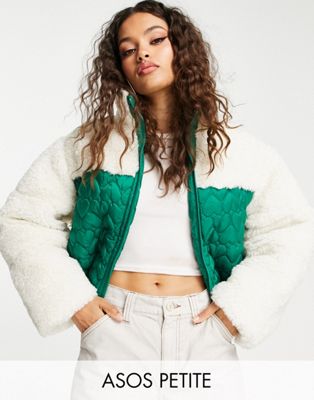 ASOS DESIGN Petite heart quilted puffer borg jacket in green