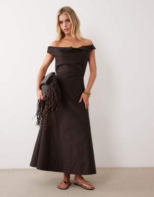 Asos Petite Asos Design Petite Heavy Poplin Maxi Dress With Draped Neckline In Brown