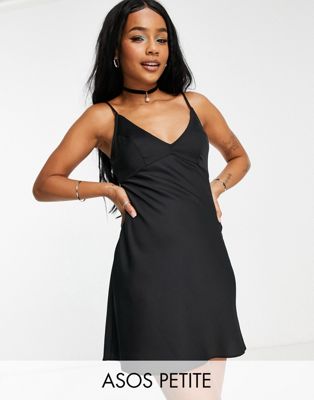 ASOS DESIGN Petite high apex mini slip dress with in black | ASOS