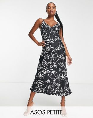 ASOS DESIGN Petite high apex satin maxi slip dress in black based white floral - ASOS Price Checker